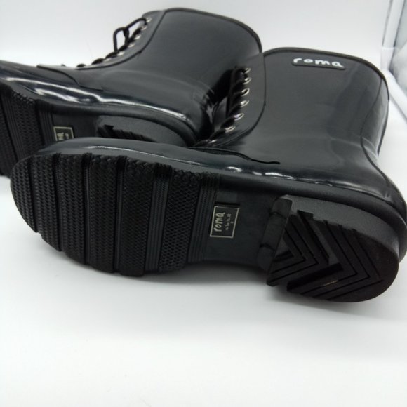 ROMA Black Epaga Lace Up Rain Rubber Combat Boots Sz 8 - Picture 10 of 12